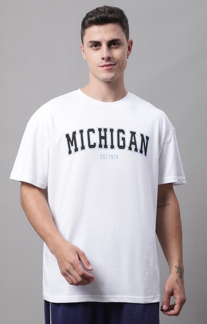 Men's  Michigan Printed White Color Oversize Fit Tshirt