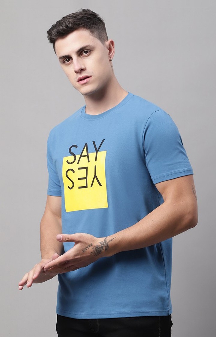 Men's  Say Yes Printed Blue Color Regular Fit Tshirt