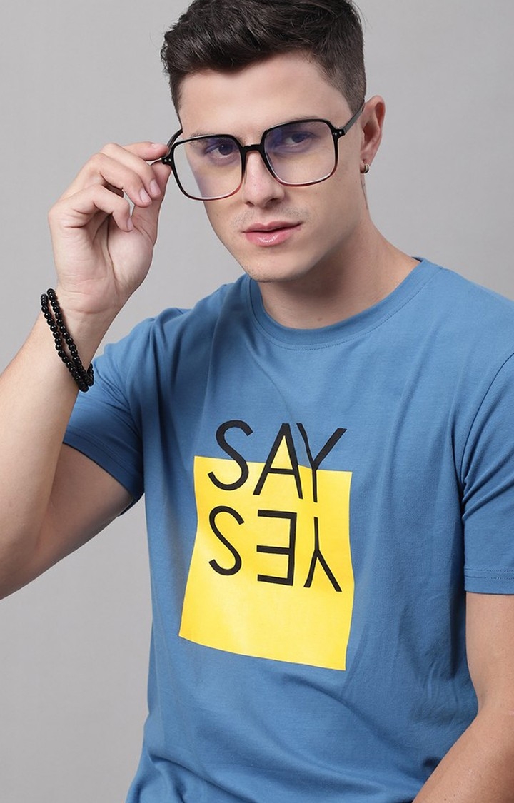 Men's  Say Yes Printed Blue Color Regular Fit Tshirt