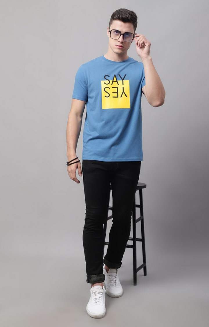 Men's  Say Yes Printed Blue Color Regular Fit Tshirt