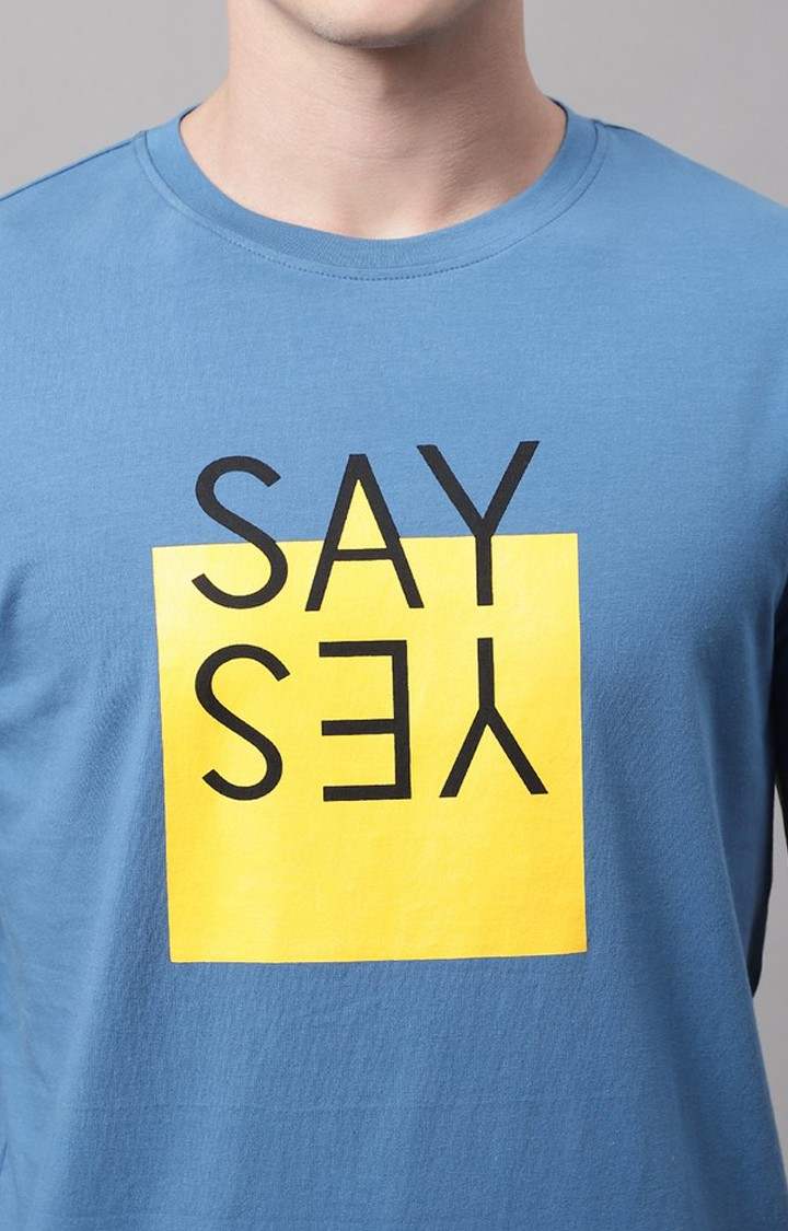 Men's  Say Yes Printed Blue Color Regular Fit Tshirt