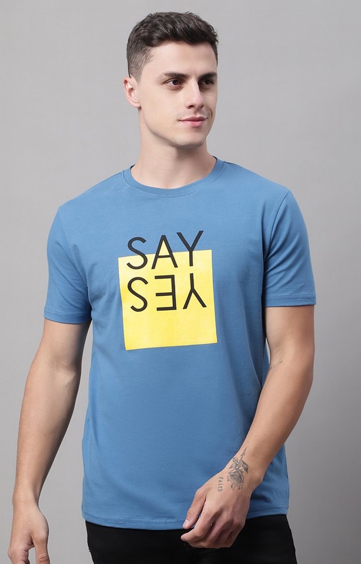 DOOR74 | Men's  Say Yes Printed Blue Color Regular Fit Tshirt