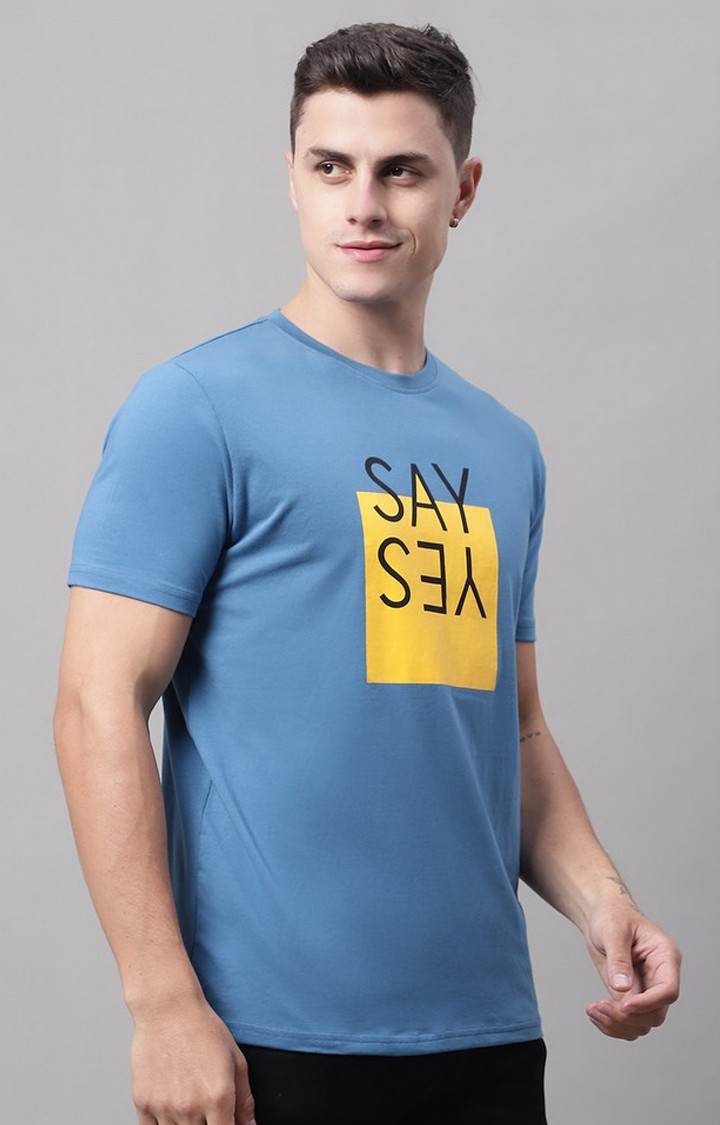 Men's  Say Yes Printed Blue Color Regular Fit Tshirt