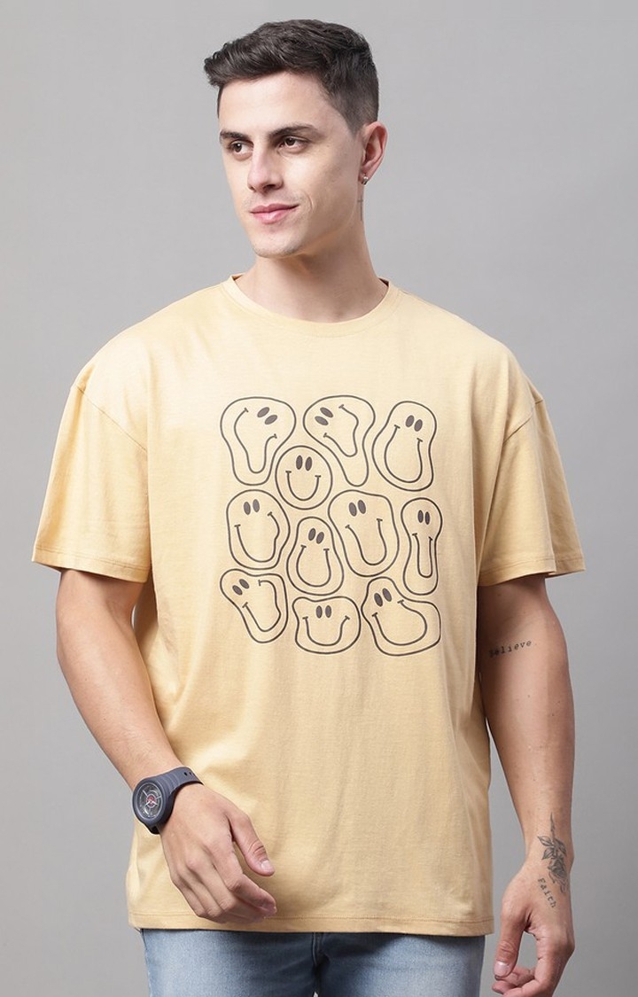 DOOR74 | Men's  Smiley Printed Beige Color Oversize Fit Tshirt