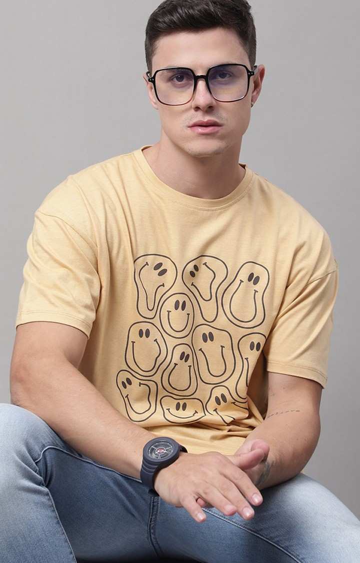 Men's  Smiley Printed Beige Color Oversize Fit Tshirt