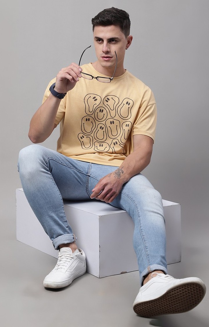 Men's  Smiley Printed Beige Color Oversize Fit Tshirt