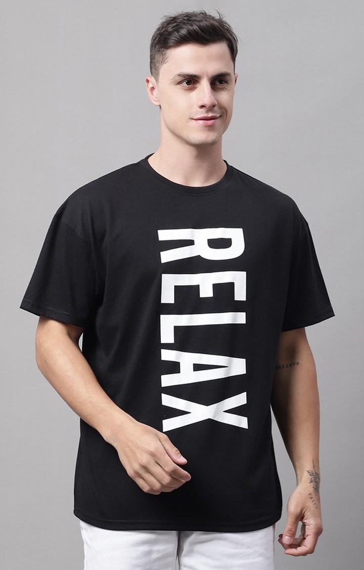 DOOR74 | Men's  Relax Printed Black Color Oversize Fit Tshirt