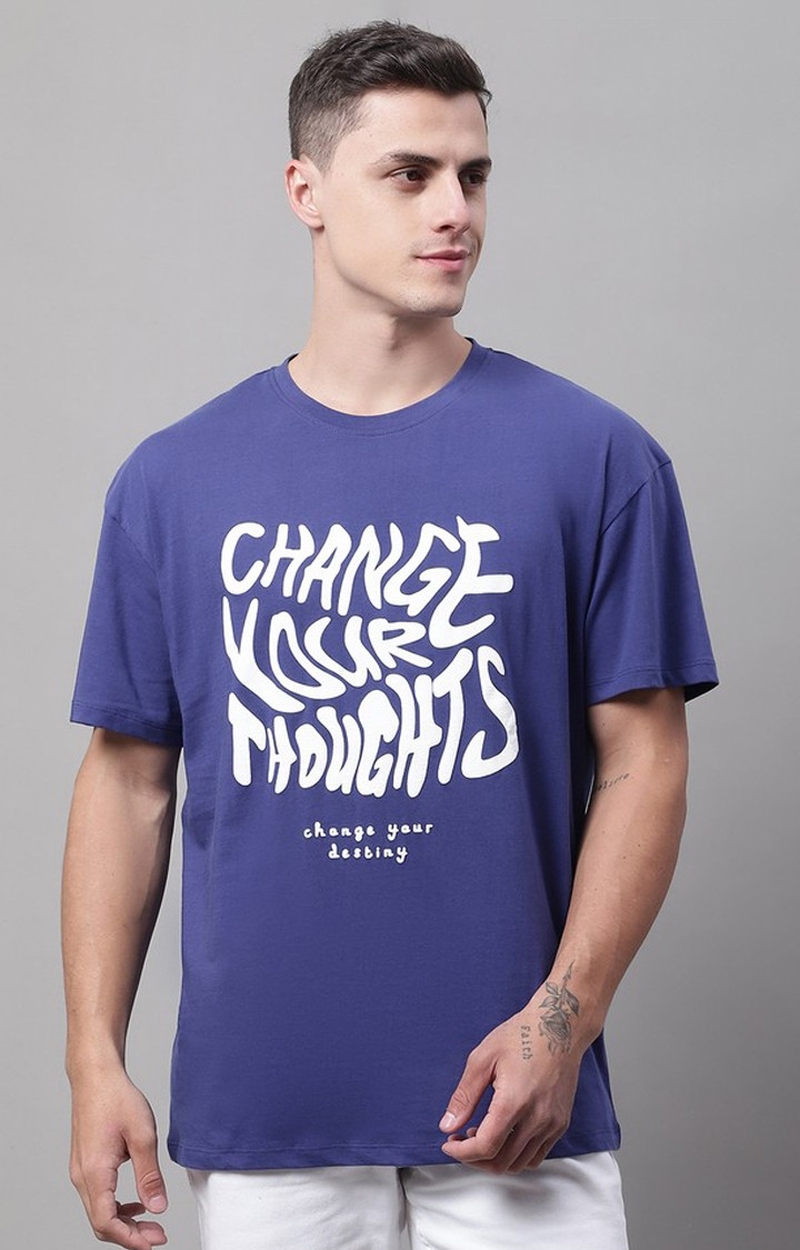 DOOR74 | Men's  Change Thoughts Printed Navy Color Oversize Fit Tshirt