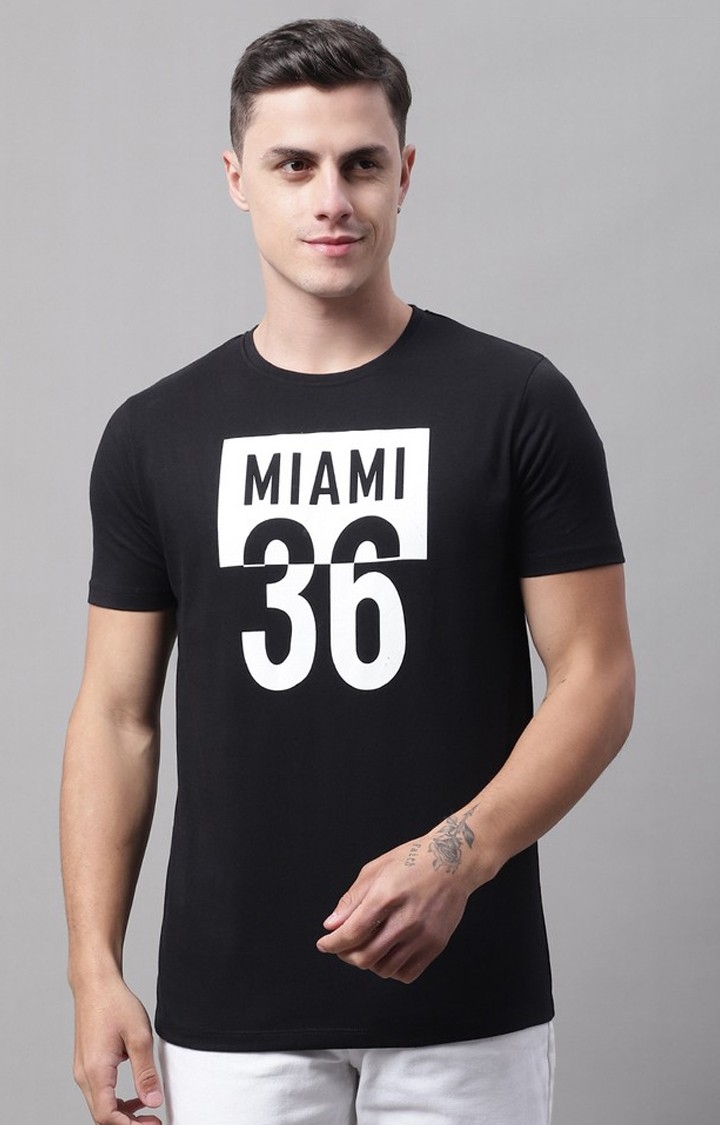 DOOR74 | Men's  Miami Printed Black Color Regular Fit Tshirt