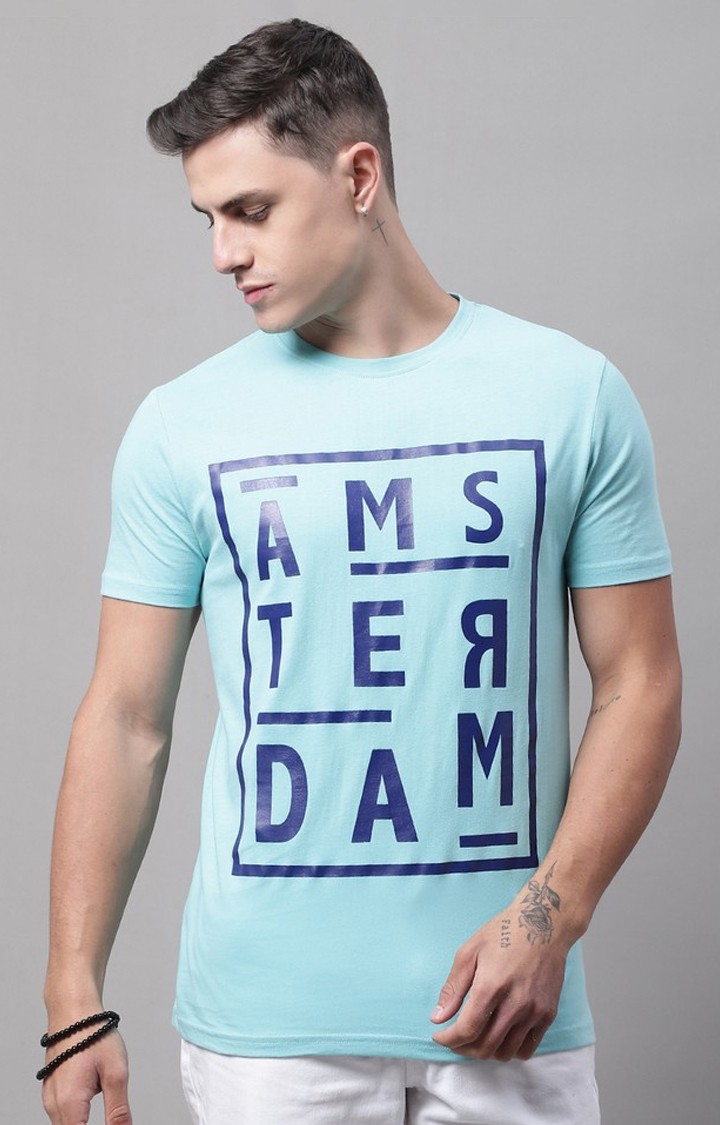 DOOR74 | Men's  Amsterdam Printed Blue Color Regular Fit Tshirt