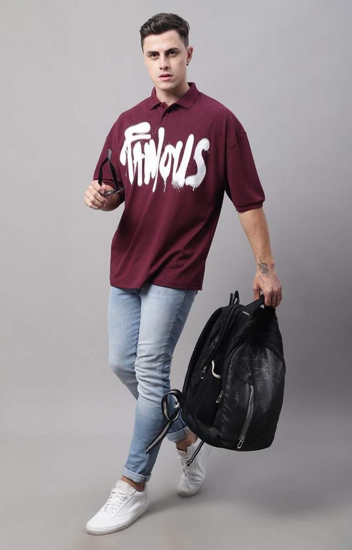 Men's  Famous Printed Maroon Color Oversize Fit Polo Tshirt