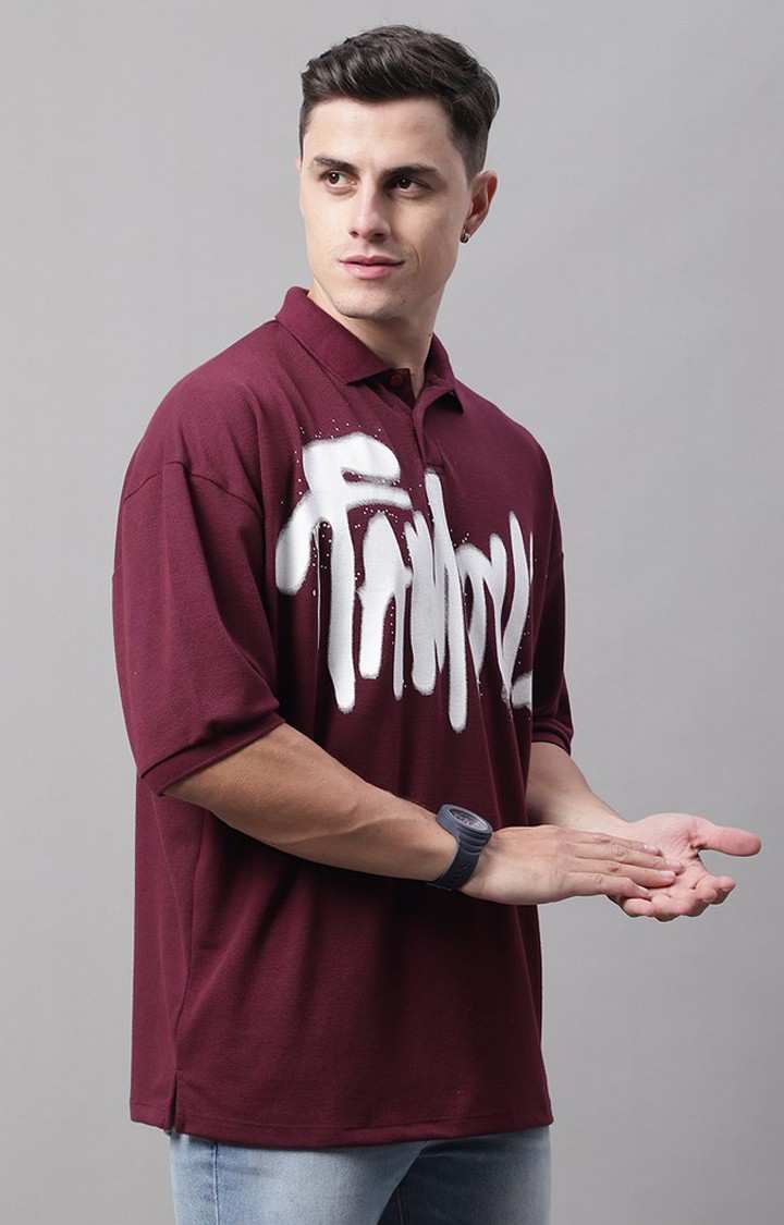 Men's  Famous Printed Maroon Color Oversize Fit Polo Tshirt