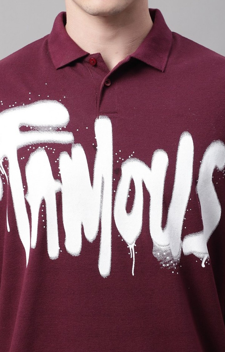 Men's  Famous Printed Maroon Color Oversize Fit Polo Tshirt