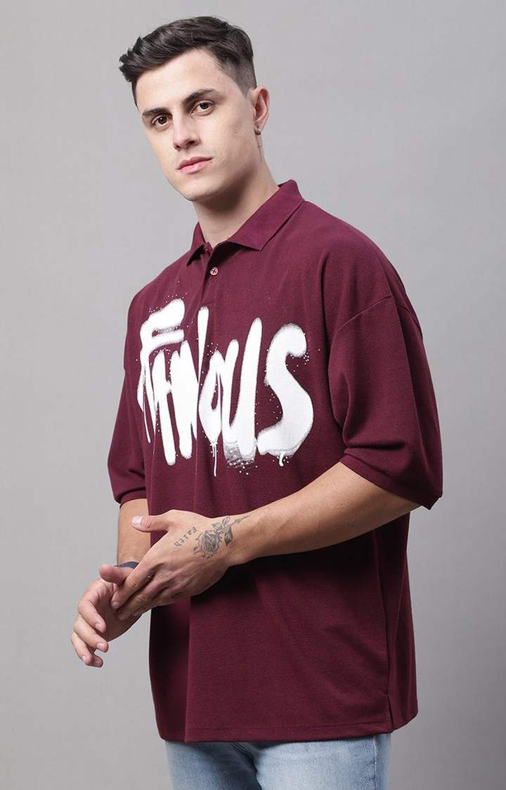 Men's  Famous Printed Maroon Color Oversize Fit Polo Tshirt