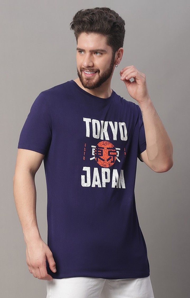 Men's  Printed Navy Regular Tshirt