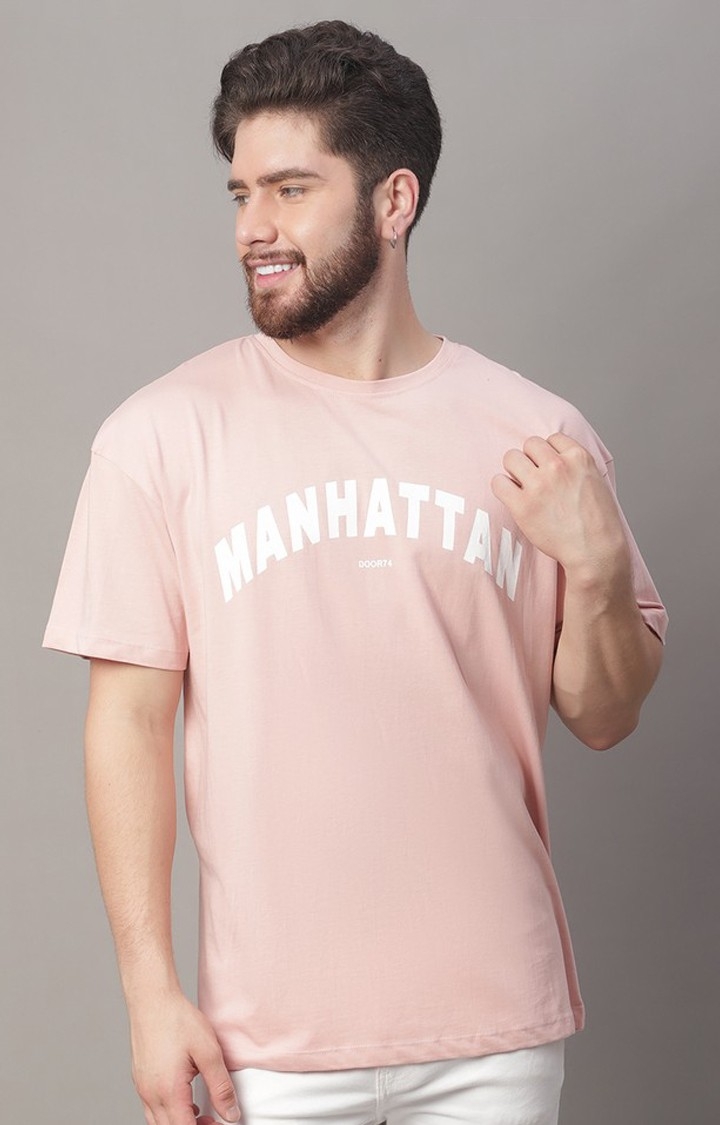 DOOR74 | Men's  Printed Pink Oversize Tshirt