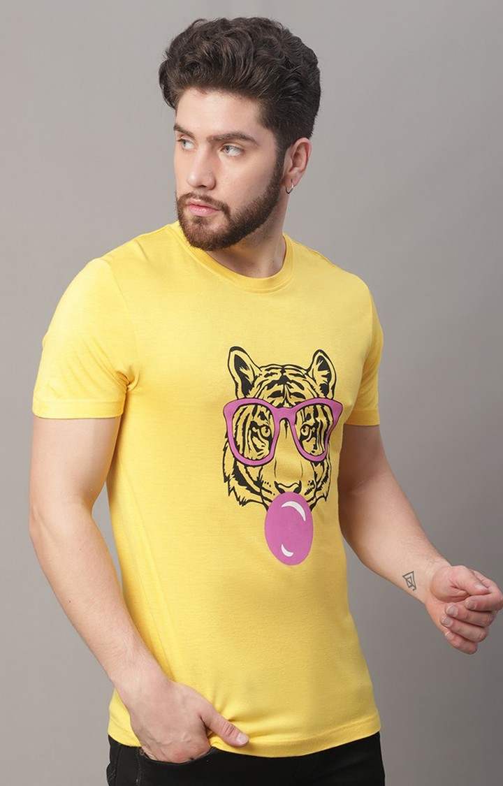 Men's  Printed Yellow Regular Tshirt