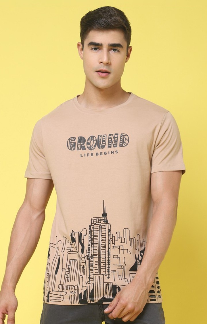 DOOR74 | Men's  Printed Brown Regular Tshirt