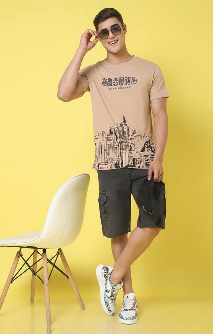 Men's  Printed Brown Regular Tshirt