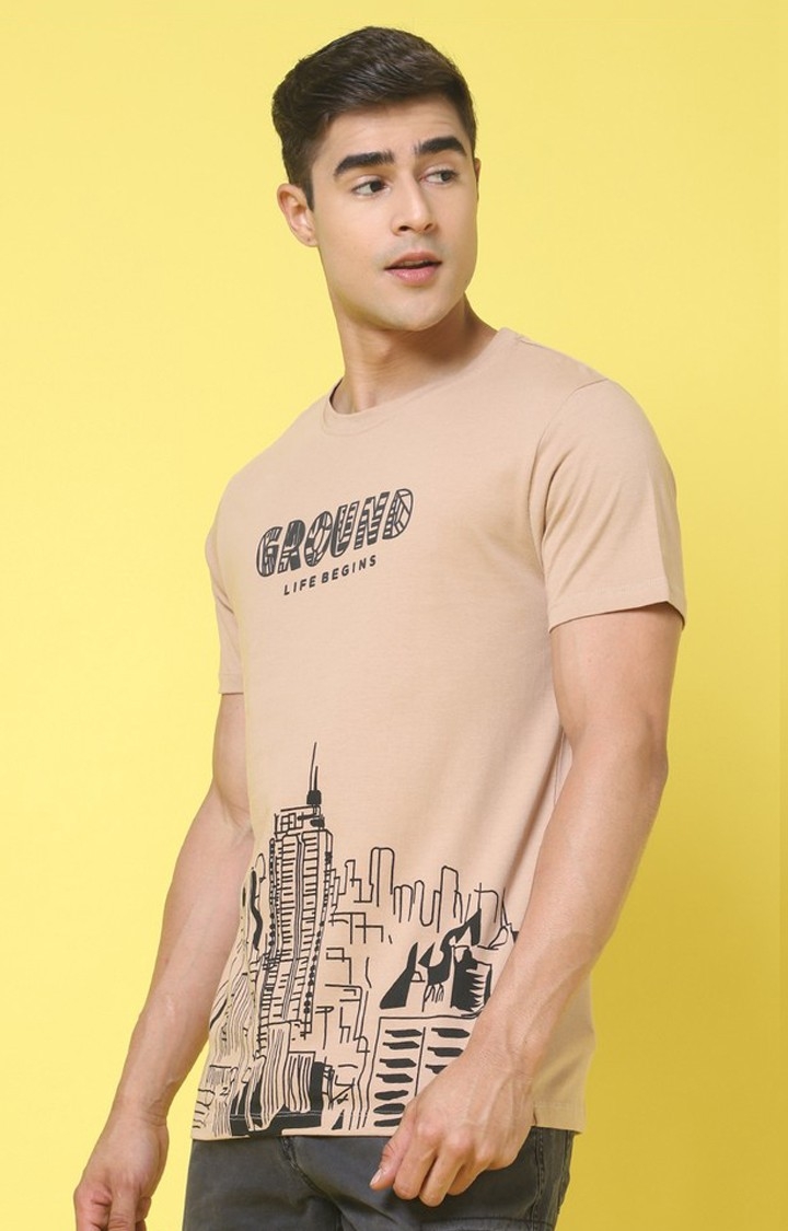 Men's  Printed Brown Regular Tshirt