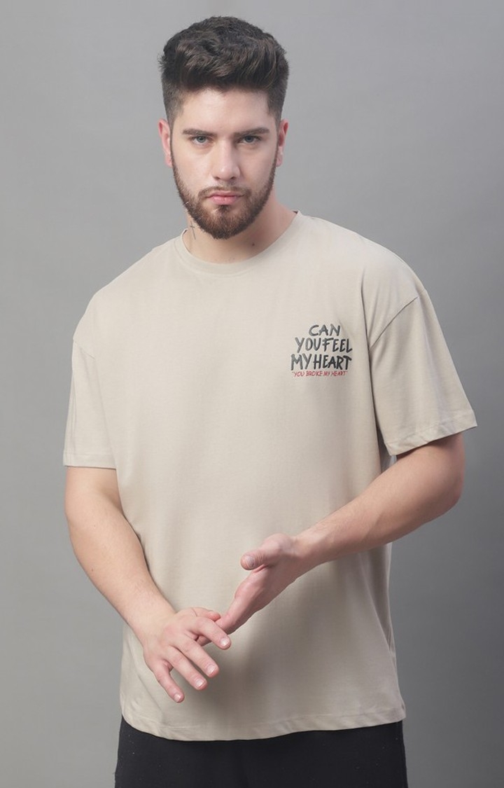 DOOR74 | Men's  Printed Brown Oversize Tshirt