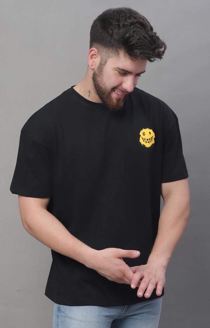 Men's  Happiness Printed Black Color Oversize Fit Tshirt