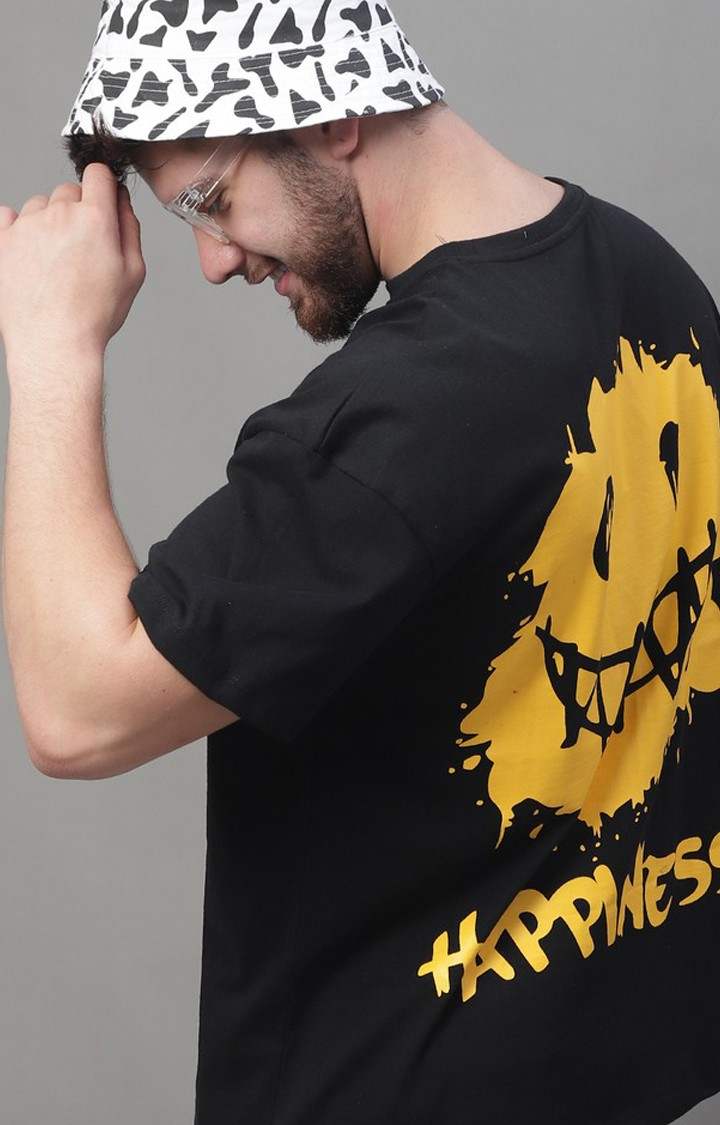 Men's  Happiness Printed Black Color Oversize Fit Tshirt