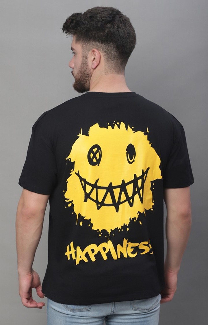 Men's  Happiness Printed Black Color Oversize Fit Tshirt