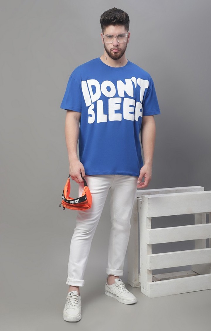 Men's I Don’T Sleep Printed Blue Color Oversize Fit Tshirt by Fynd
