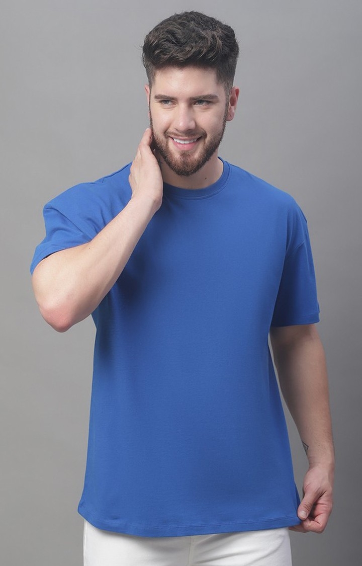 DOOR74 | Men's  Solid Blue Color Oversize Fit Tshirt