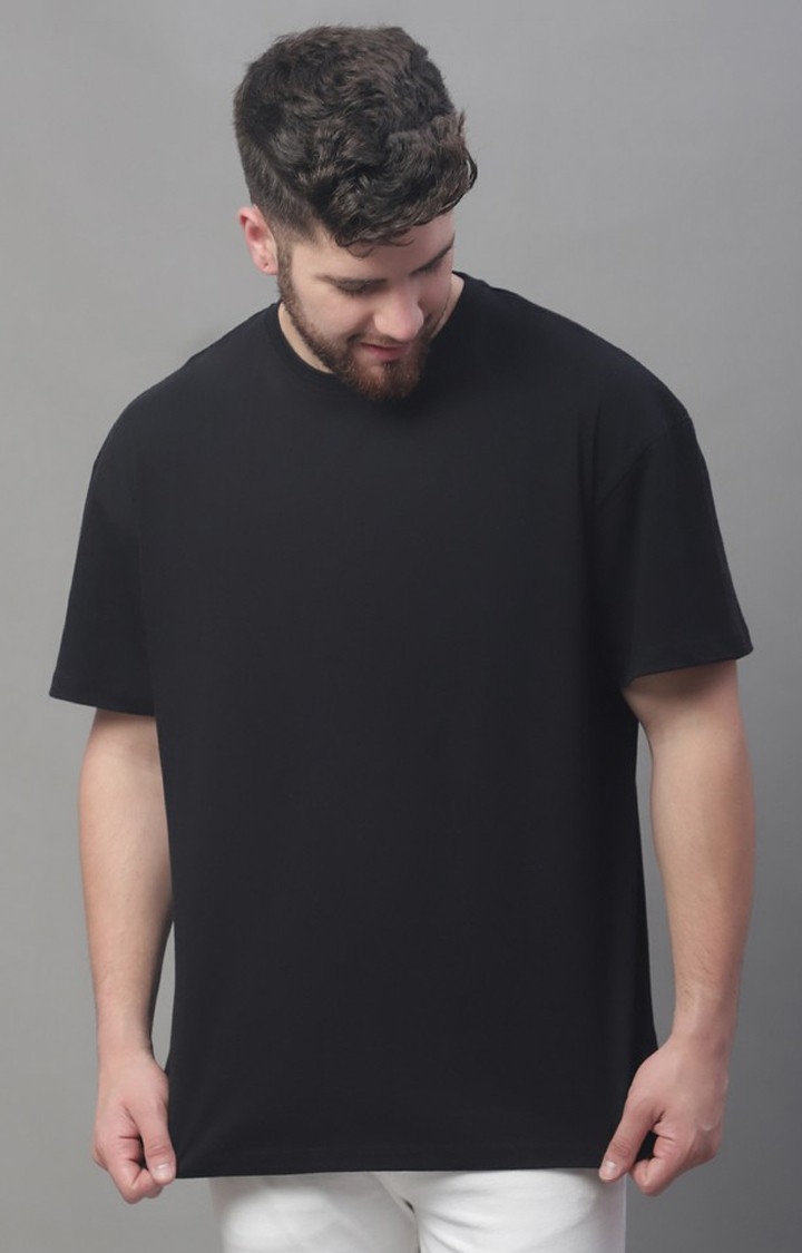DOOR74 | Men's  Solid Black Color Oversize Fit Tshirt