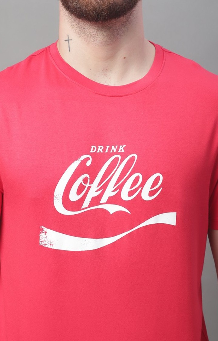 DOOR74 | Men's  Red Drink Coffee Printed Regular Tshirt 5