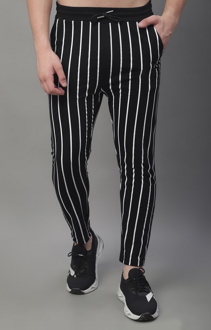 Men's Black Striped Cropped Tapperd Comfortable Joggers