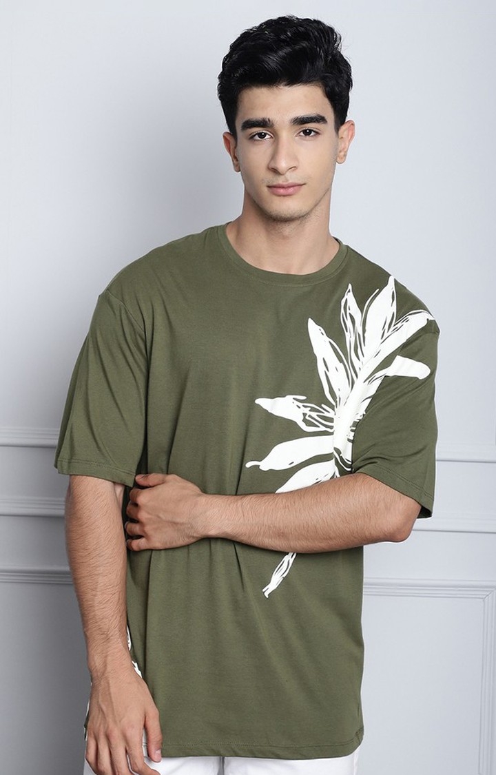 DOOR74 | Men's  Leaf Print Olive Color Oversize Tshirt