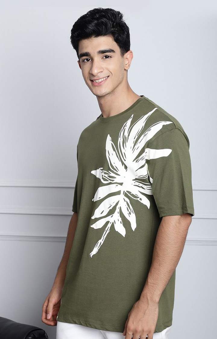 Men's  Leaf Print Olive Color Oversize Tshirt