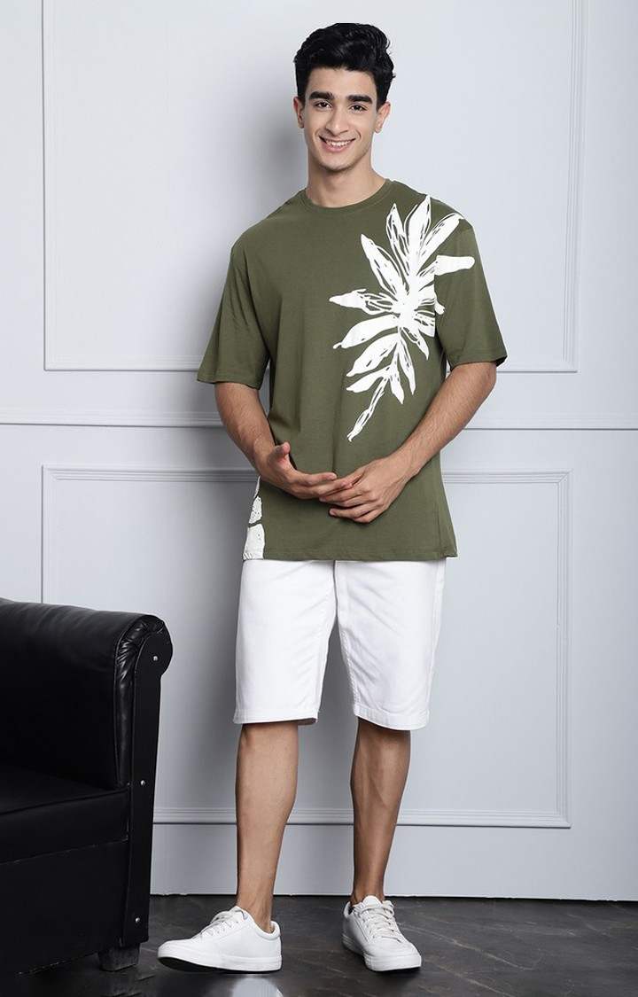 Men's  Leaf Print Olive Color Oversize Tshirt