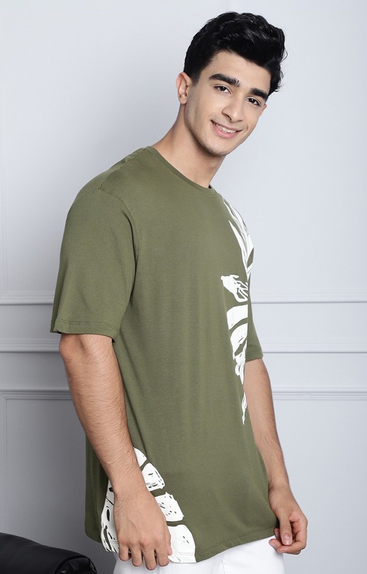 Men's  Leaf Print Olive Color Oversize Tshirt