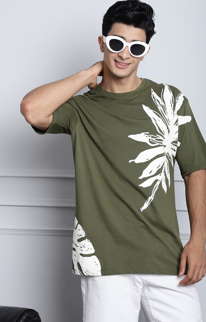 Men's  Leaf Print Olive Color Oversize Tshirt