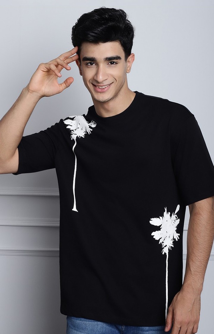 DOOR74 | Men's  Tree Print Black Color Oversize Tshirt