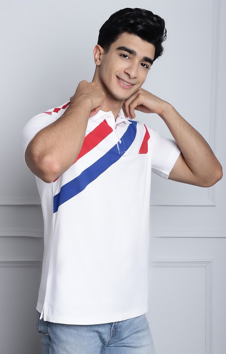 Men's  Stripe Print White Color Regular Polo Tshirt