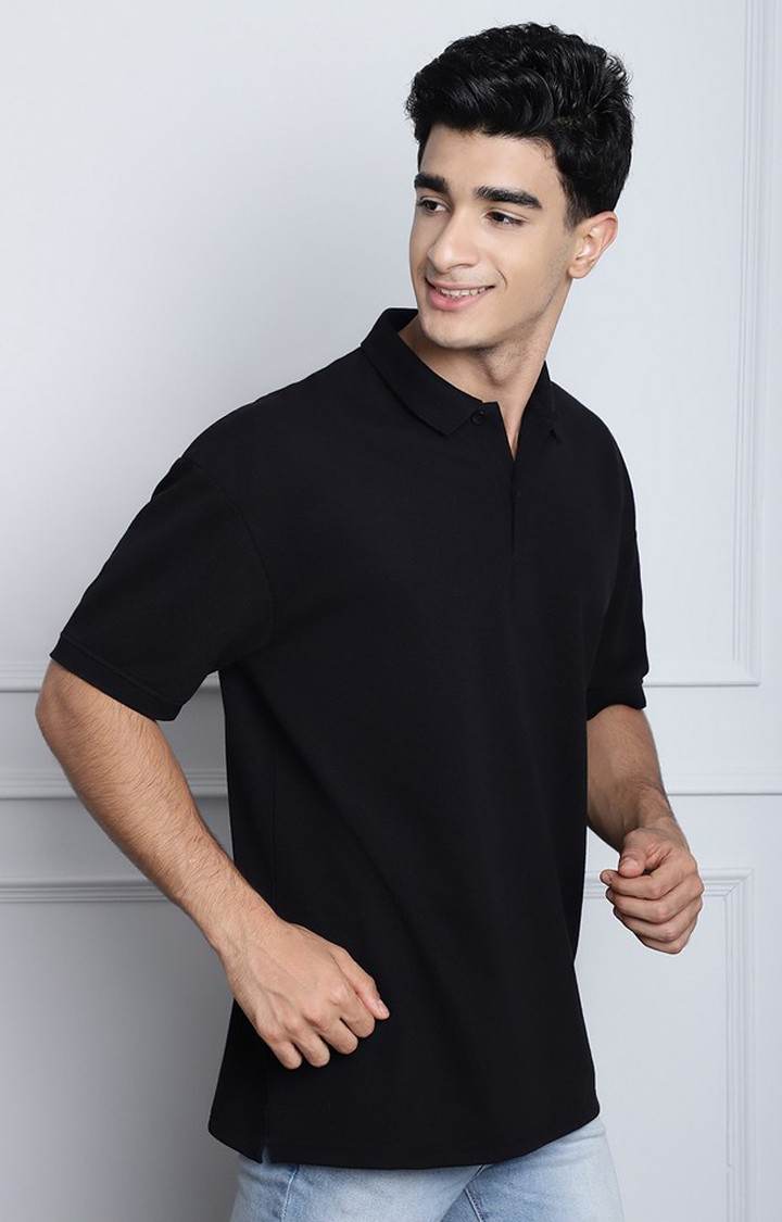 Men's  Solid Black Color Oversize Polo Tshirt