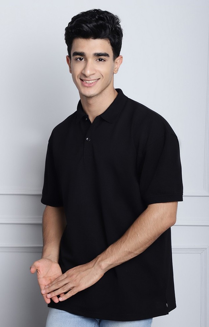 Men's  Solid Black Color Oversize Polo Tshirt