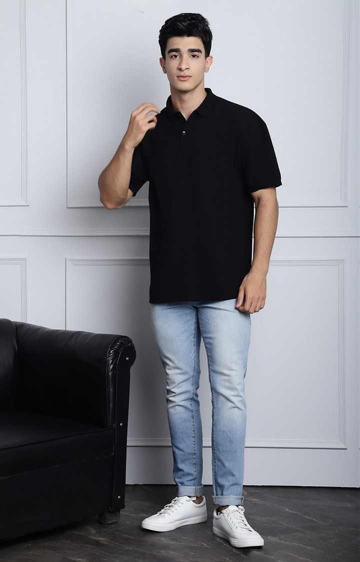 Men's  Solid Black Color Oversize Polo Tshirt