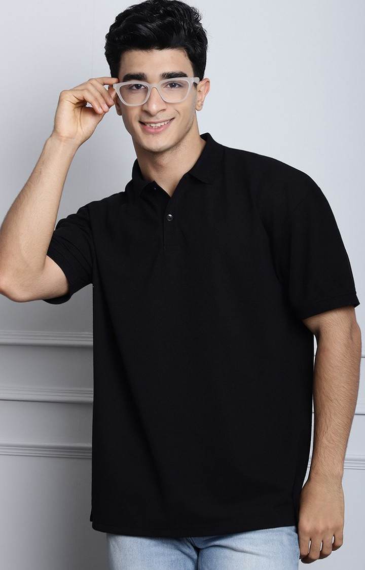 Men's  Solid Black Color Oversize Polo Tshirt