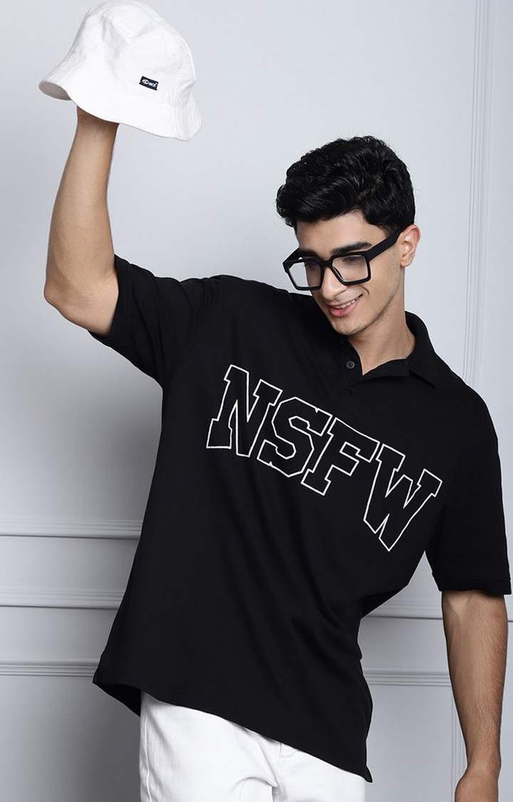 Men's  Printed Black Color Oversize Polo Tshirt