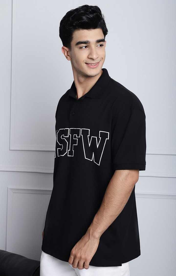 Men's  Printed Black Color Oversize Polo Tshirt