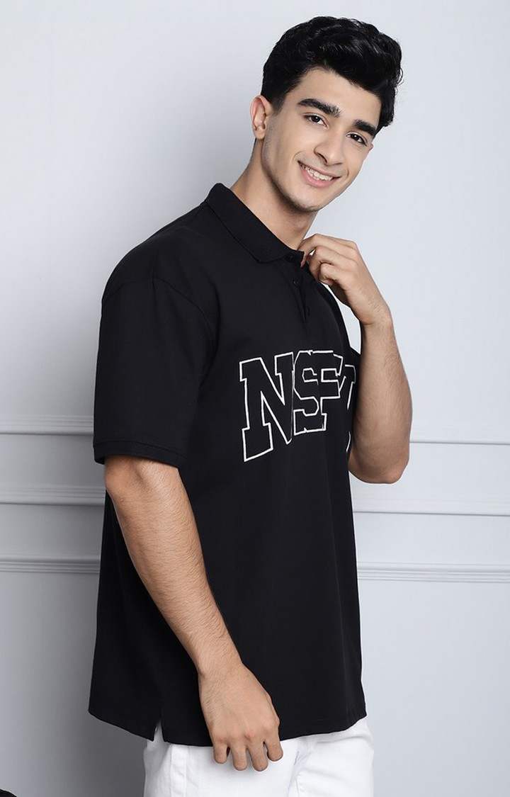 Men's  Printed Black Color Oversize Polo Tshirt