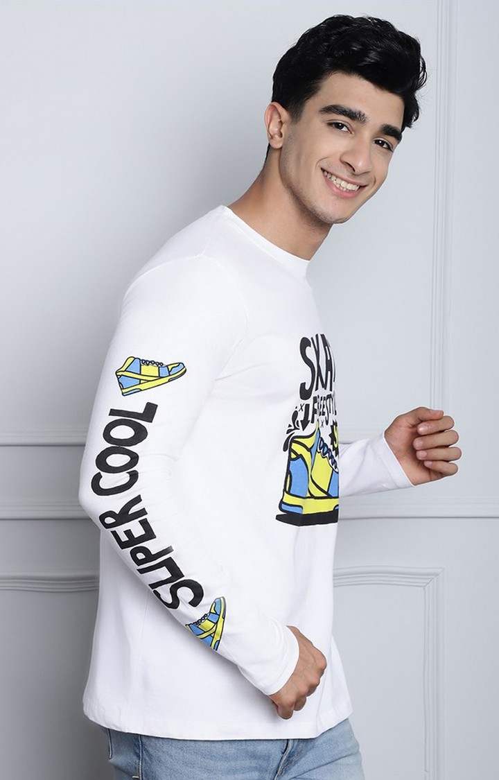 Men's  Printed White Color Regular Fit Long Sleeves Tshirt