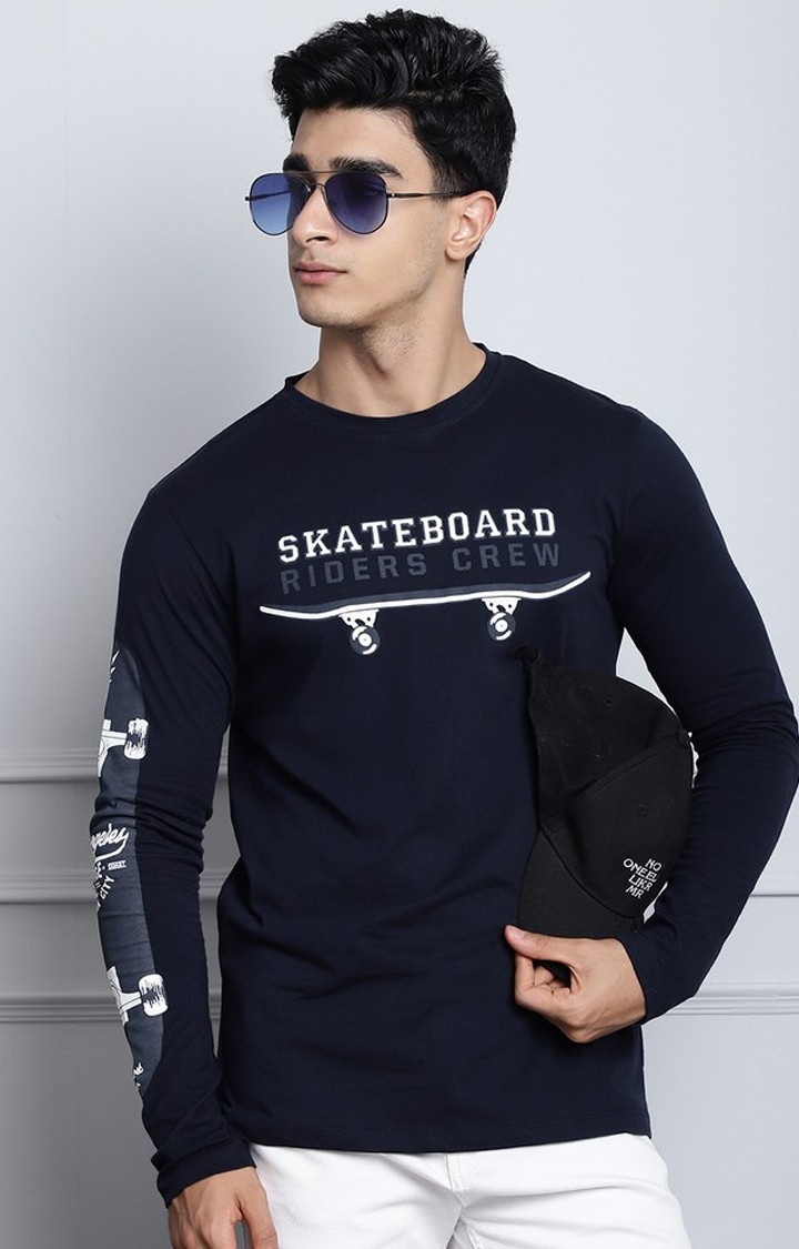 Men's  Printed Navy Blue Color Regular Fit Long Sleeves Tshirt
