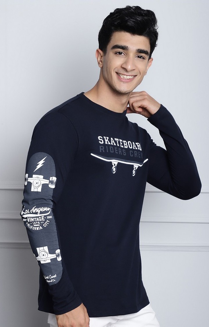 Men's  Printed Navy Blue Color Regular Fit Long Sleeves Tshirt